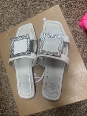 Roger Vivier White Slide Sandals with Rhinestone Buckles